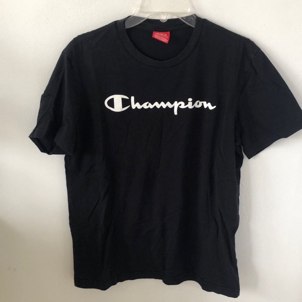 Champion 100% Cotton Men's Short Sleeve‎ Tee Black White Letters Sz M - EUC